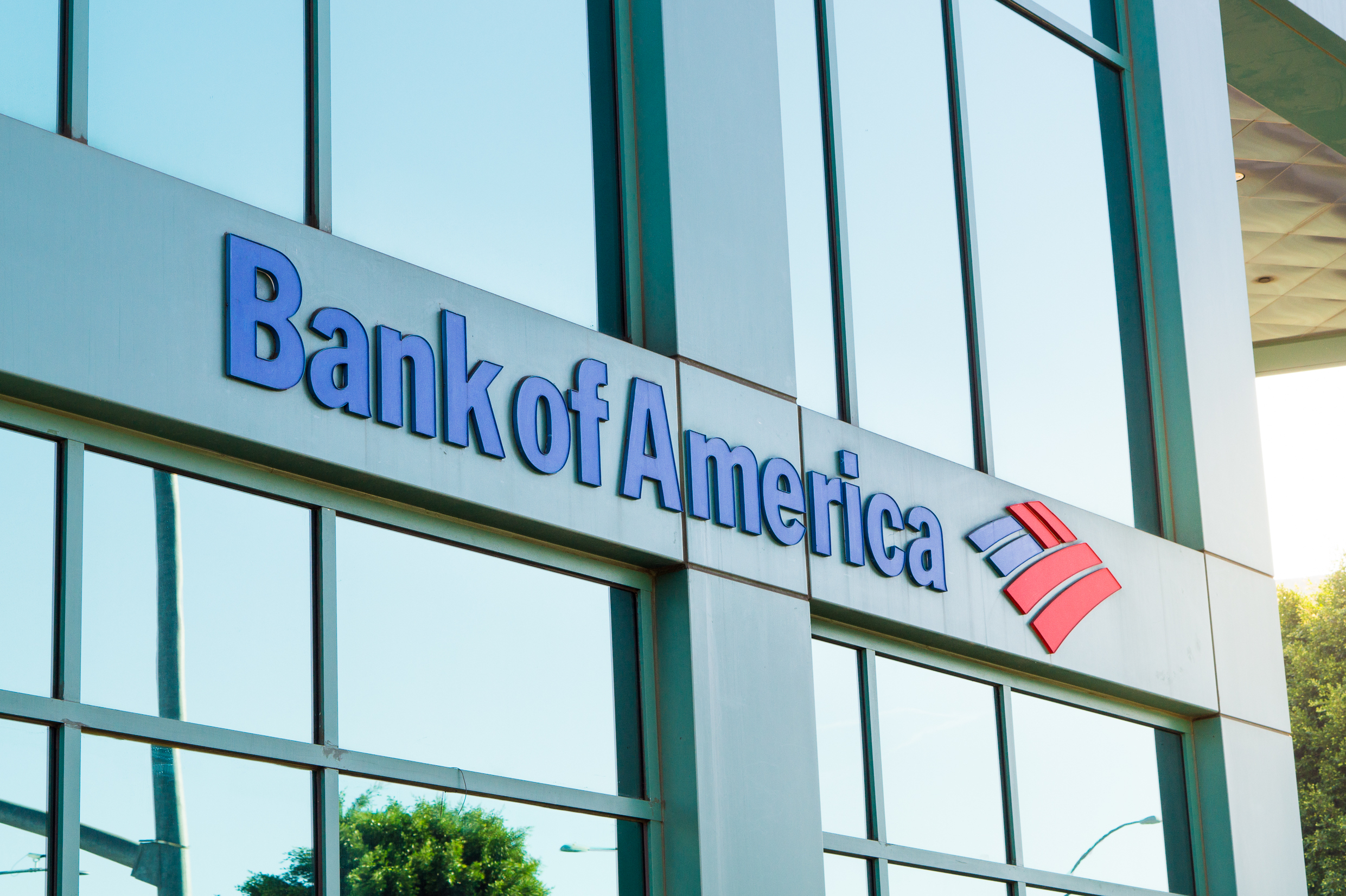 The logo of Bank of America in modern office building in Beverly Hills.